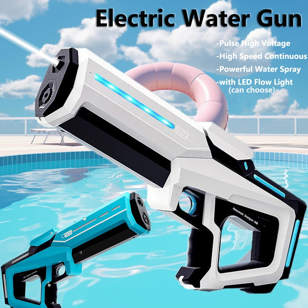 Pistola de agua eléctrica de pulso, pistola de juguete de pulverización de agua continua con luz de flujo LED y gafas, juguete de piscina para niños, agua de succión automática
