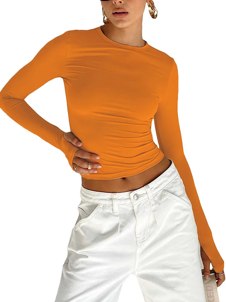 Camiseta de moda para mujer, Top corto ajustado liso con cuello redondo y manga larga con agujeros para los pulgares para ropa de calle diaria, camisola de verano
