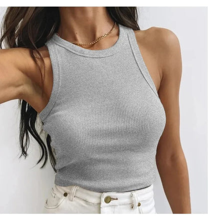 Camiseta sin mangas para mujer, chaleco deportivo informal de punto acanalado liso con hombros descubiertos y cuello redondo, camisola elástica básica