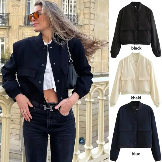 1 Uds. Chaqueta Bomber para mujer, abrigo blanco con botones para otoño e invierno, chaquetas recortadas de aviador de béisbol para mujer, prendas de vestir exteriores cortas de manga larga