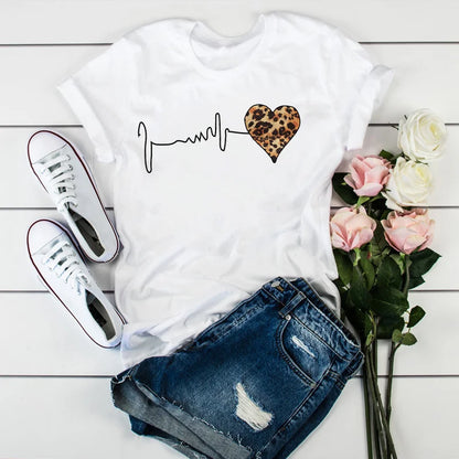 Novedad de verano, ropa con estampado de manga corta y latido del corazón de leopardo de los años 90, camiseta para mujer, ropa gráfica Harajuku, Top para mujer, envío directo
