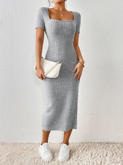 Vestido de punto estilo Primavera Verano para mujer, pantalón corto informal de manga con cuello cuadrado y abertura lateral