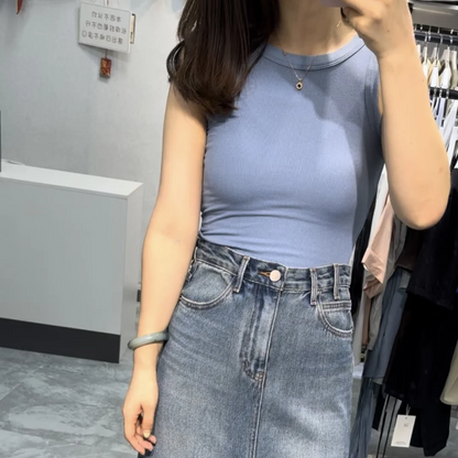 Camiseta sin mangas para mujer, chaleco deportivo informal de punto acanalado liso con hombros descubiertos y cuello redondo, camisola elástica básica