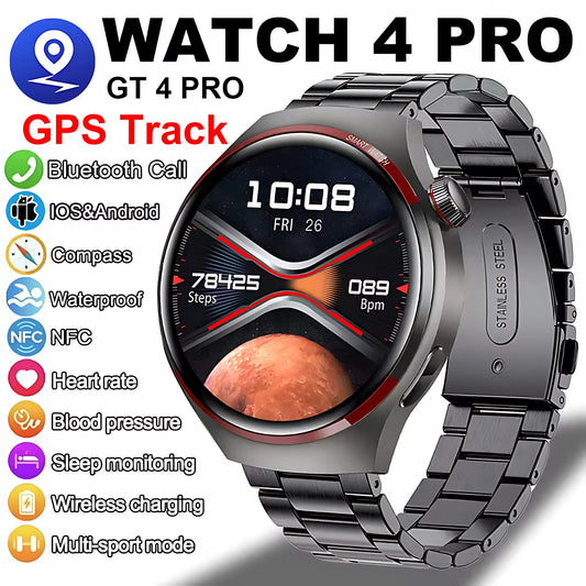 Reloj inteligente GT4 Pro con seguimiento GPS para hombres y mujeres, reloj con pantalla AMOLED HD, llamada Bluetooth, NFC IP68, reloj deportivo resistente al agua 2025