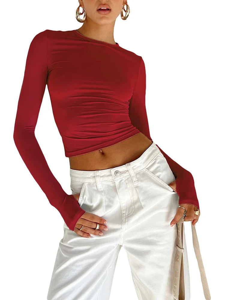 Camiseta de moda para mujer, Top corto ajustado liso con cuello redondo y manga larga con agujeros para los pulgares para ropa de calle diaria, camisola de verano