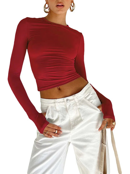 Camiseta de moda para mujer, Top corto ajustado liso con cuello redondo y manga larga con agujeros para los pulgares para ropa de calle diaria, camisola de verano