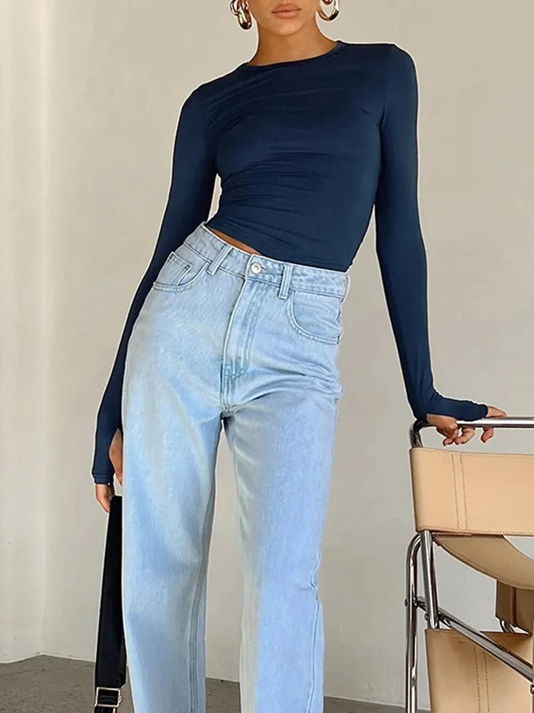 Camiseta de moda para mujer, Top corto ajustado liso con cuello redondo y manga larga con agujeros para los pulgares para ropa de calle diaria, camisola de verano