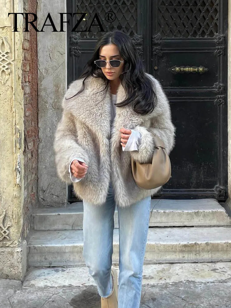 TRAFZA, chaqueta recortada de piel sintética a la moda para mujer, abrigo de manga larga con botón frontal a presión, prendas de vestir exteriores para mujer, abrigo grueso con cuello de solapa elegante