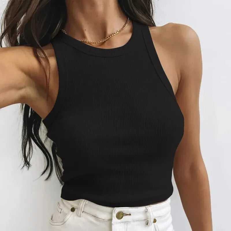 Camiseta sin mangas para mujer, chaleco deportivo informal de punto acanalado liso con hombros descubiertos y cuello redondo, camisola elástica básica