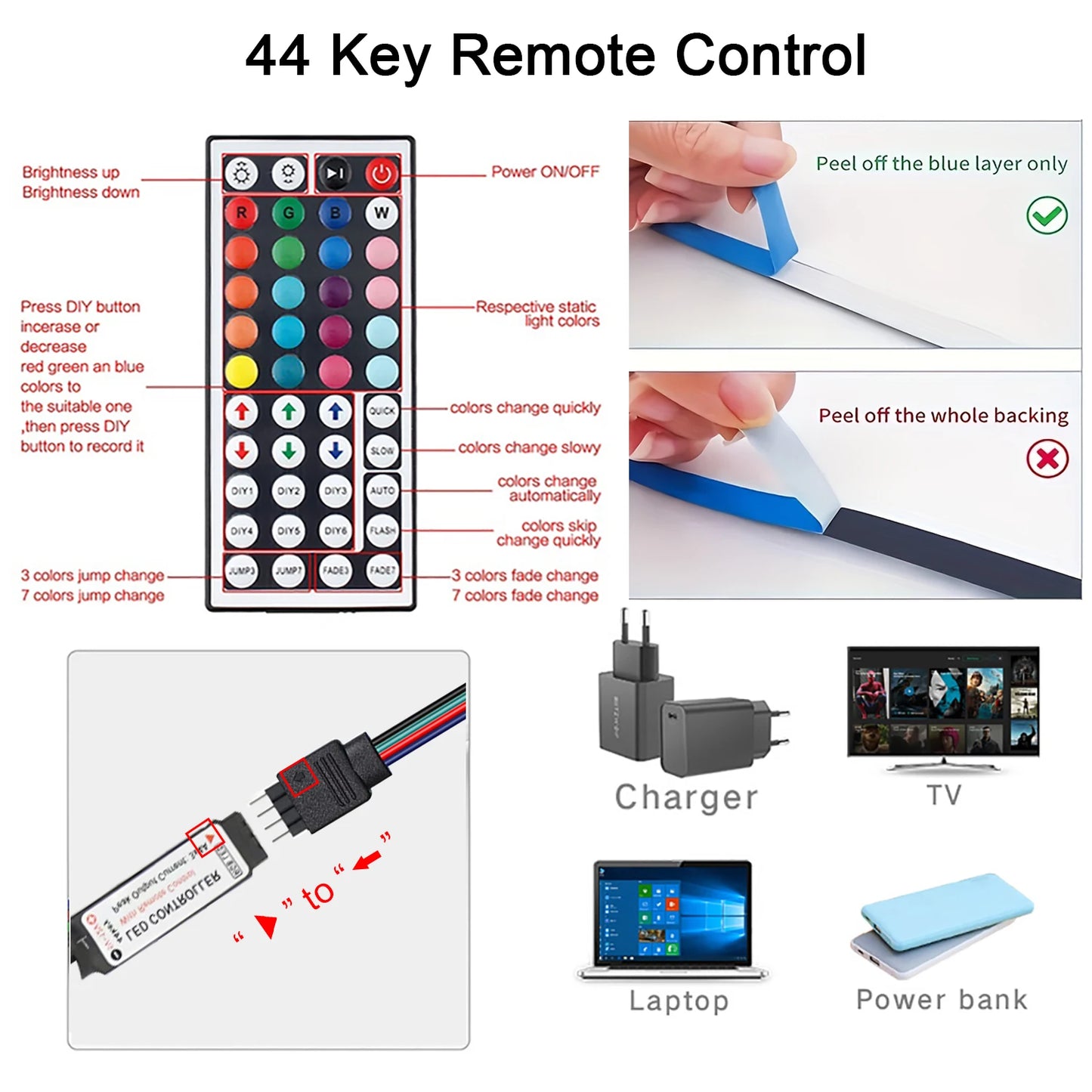 Tira de luces Led de 10m y 20m con Control remoto de 44 teclas, cinta RGB, pared Led para habitación, decoración de fiesta, dormitorio, retroiluminación de TV
