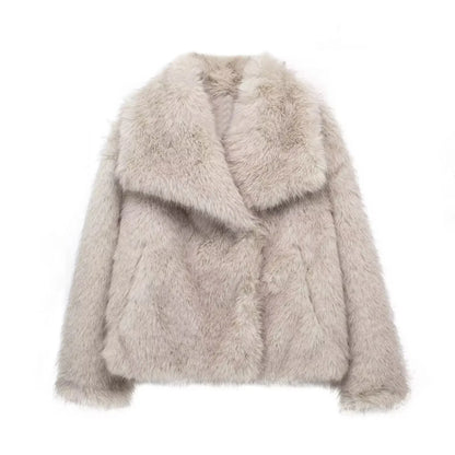 TRAFZA, chaqueta recortada de piel sintética a la moda para mujer, abrigo de manga larga con botón frontal a presión, prendas de vestir exteriores para mujer, abrigo grueso con cuello de solapa elegante