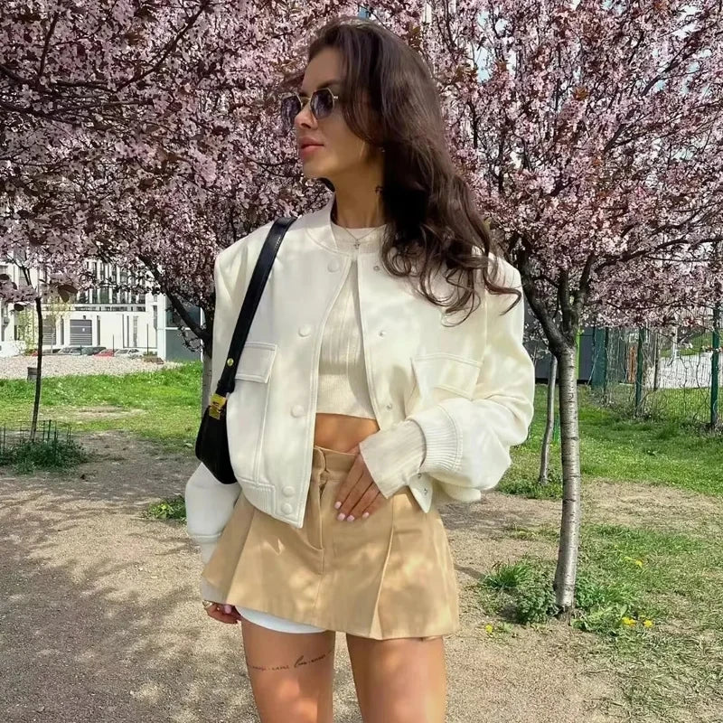 1 Uds. Chaqueta Bomber para mujer, abrigo blanco con botones para otoño e invierno, chaquetas recortadas de aviador de béisbol para mujer, prendas de vestir exteriores cortas de manga larga