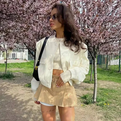 1 Uds. Chaqueta Bomber para mujer, abrigo blanco con botones para otoño e invierno, chaquetas recortadas de aviador de béisbol para mujer, prendas de vestir exteriores cortas de manga larga