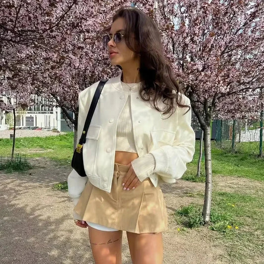1 Uds. Chaqueta Bomber para mujer, abrigo blanco con botones para otoño e invierno, chaquetas recortadas de aviador de béisbol para mujer, prendas de vestir exteriores cortas de manga larga