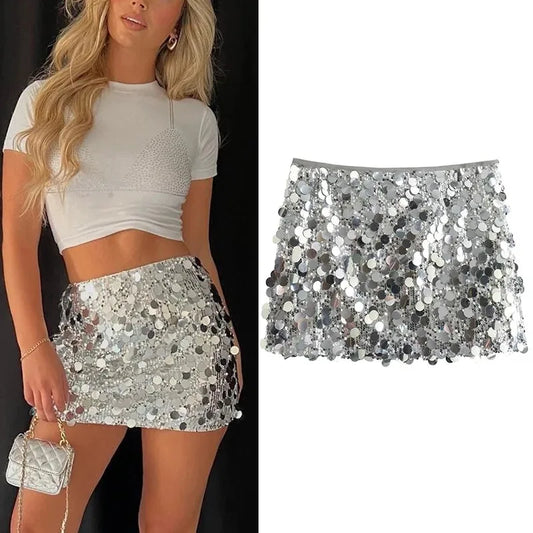 Falda de lentejuelas plateadas para mujer, minifalda de cintura alta, faldas cortas elegantes con purpurina brillante a la moda para mujer, faldas Y2k