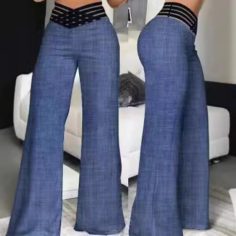 Pantalones acampanados de pierna ancha para mujer, pantalón informal entrecruzado con parche de malla transparente, pantalones de cintura alta, ropa de calle Y2k, pantalón de trabajo elegante, otoño
