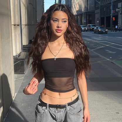 Top corto negro con corsé de malla para mujer, Top de tubo de retazos, camisola Sexy sin mangas con hombros descubiertos, ropa de calle de verano, camisetas sin mangas ajustadas sin tirantes