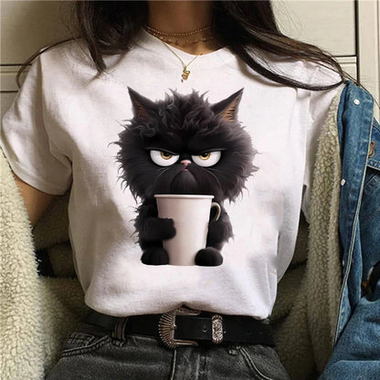 Camiseta con estampado blanco de gato divertido para mujer, pantalón corto informal de manga corta con cuello redondo para verano, ropa de animales para mujer