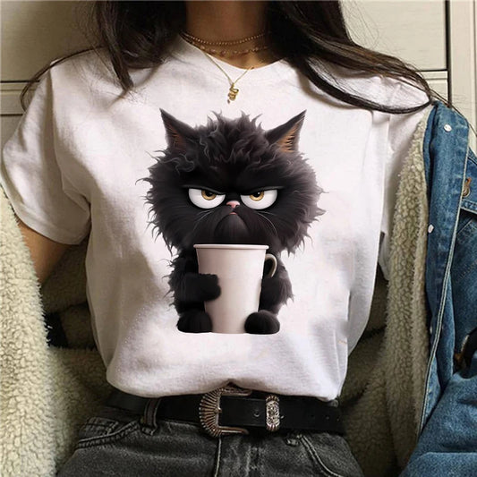 Camiseta con estampado blanco de gato divertido para mujer, pantalón corto informal de manga corta con cuello redondo para verano, ropa de animales para mujer