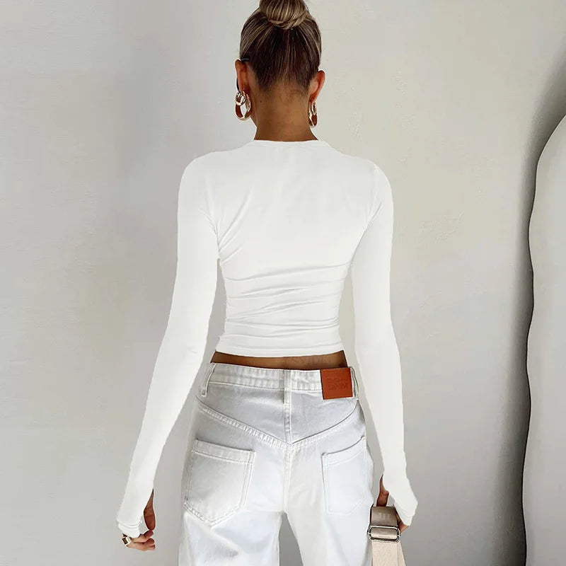 Camiseta de moda para mujer, Top corto ajustado liso con cuello redondo y manga larga con agujeros para los pulgares para ropa de calle diaria, camisola de verano