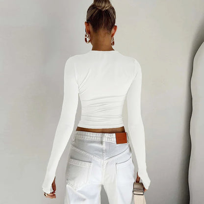 Camiseta de moda para mujer, Top corto ajustado liso con cuello redondo y manga larga con agujeros para los pulgares para ropa de calle diaria, camisola de verano