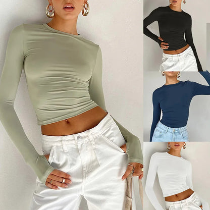 Camiseta de moda para mujer, Top corto ajustado liso con cuello redondo y manga larga con agujeros para los pulgares para ropa de calle diaria, camisola de verano
