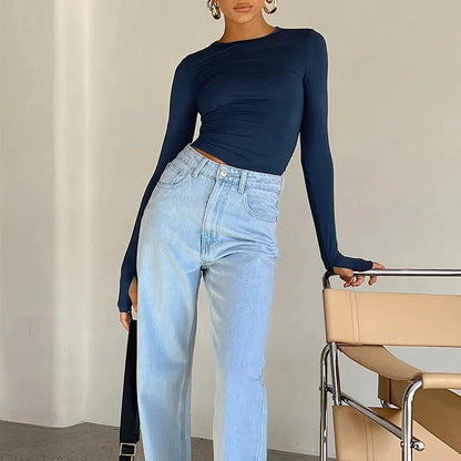 Camiseta de moda para mujer, Top corto ajustado liso con cuello redondo y manga larga con agujeros para los pulgares para ropa de calle diaria, camisola de verano