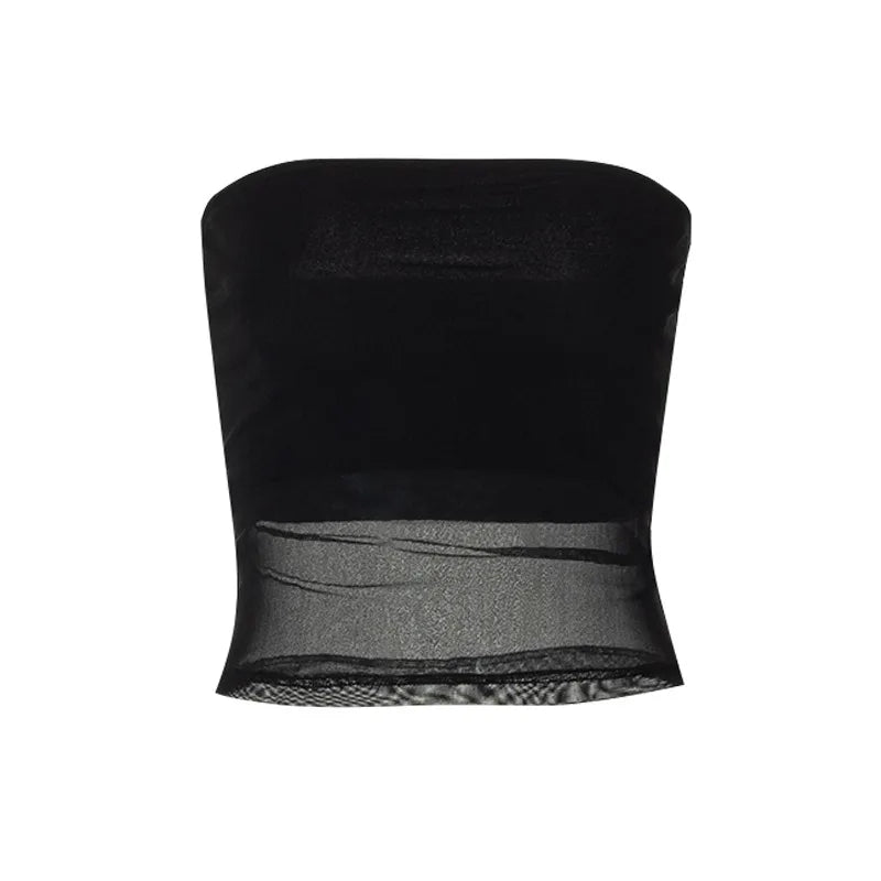 Top corto negro con corsé de malla para mujer, Top de tubo de retazos, camisola Sexy sin mangas con hombros descubiertos, ropa de calle de verano, camisetas sin mangas ajustadas sin tirantes