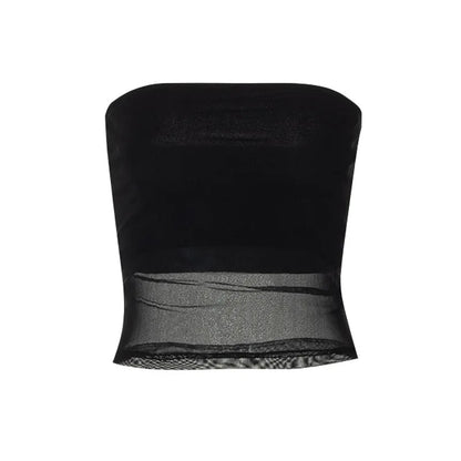 Top corto negro con corsé de malla para mujer, Top de tubo de retazos, camisola Sexy sin mangas con hombros descubiertos, ropa de calle de verano, camisetas sin mangas ajustadas sin tirantes