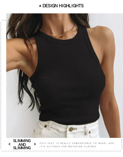 Camiseta sin mangas para mujer, chaleco deportivo informal de punto acanalado liso con hombros descubiertos y cuello redondo, camisola elástica básica