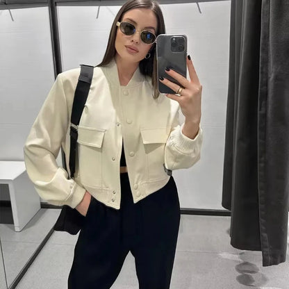 1 Uds. Chaqueta Bomber para mujer, abrigo blanco con botones para otoño e invierno, chaquetas recortadas de aviador de béisbol para mujer, prendas de vestir exteriores cortas de manga larga
