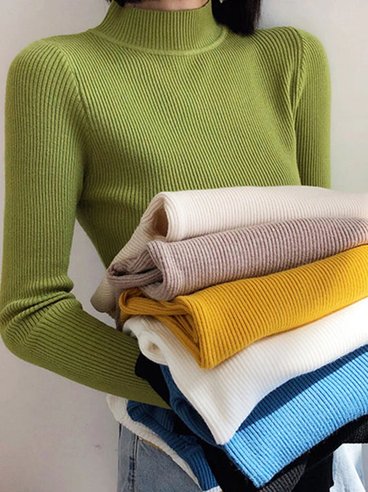 Otoño Invierno suéter de mujer con cuello simulado Vintage básico sólido Tops de punto Casual Jersey ajustado suéteres coreanos jerséis simples y elegantes