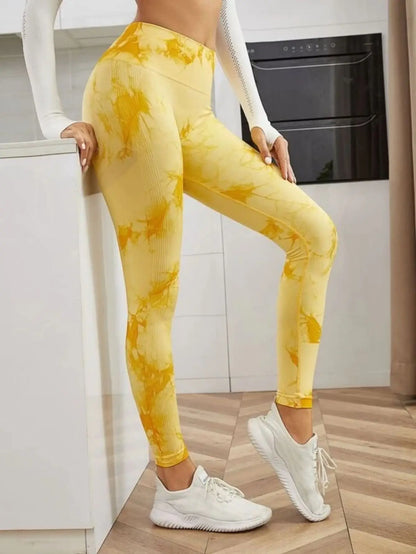 Mallas de cintura alta sin costuras para mujer, mallas teñidas con lazo, pantalones deportivos para Fitness, correr, Yoga, levantamiento de cadera, medias de punto elásticas