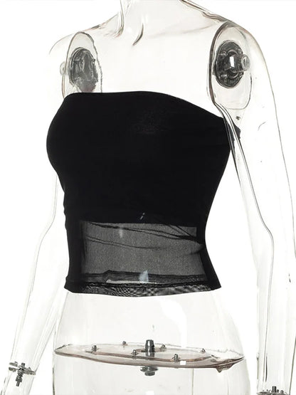 Top corto negro con corsé de malla para mujer, Top de tubo de retazos, camisola Sexy sin mangas con hombros descubiertos, ropa de calle de verano, camisetas sin mangas ajustadas sin tirantes