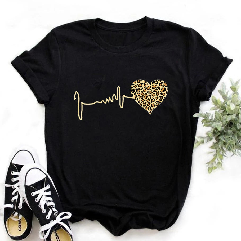 Novedad de verano, ropa con estampado de manga corta y latido del corazón de leopardo de los años 90, camiseta para mujer, ropa gráfica Harajuku, Top para mujer, envío directo