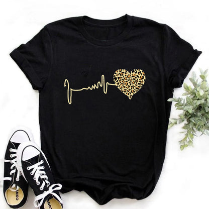 Novedad de verano, ropa con estampado de manga corta y latido del corazón de leopardo de los años 90, camiseta para mujer, ropa gráfica Harajuku, Top para mujer, envío directo