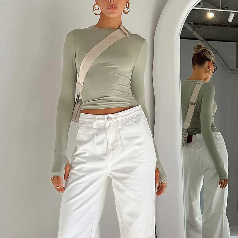 Camiseta de moda para mujer, Top corto ajustado liso con cuello redondo y manga larga con agujeros para los pulgares para ropa de calle diaria, camisola de verano