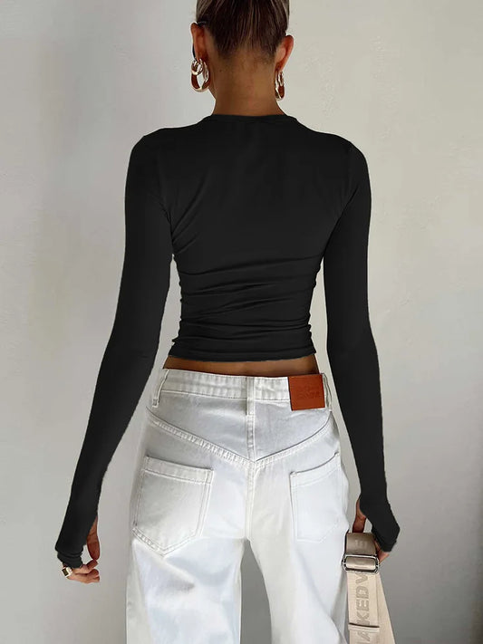 Camiseta de moda para mujer, Top corto ajustado liso con cuello redondo y manga larga con agujeros para los pulgares para ropa de calle diaria, camisola de verano