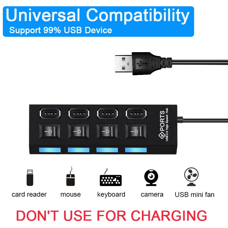 Adaptador expansor USB HUB 2,0 de alta velocidad, 4/7 puertos, divisor Multi USB, extensor múltiple con interruptor de lámpara LED para PC y portátil