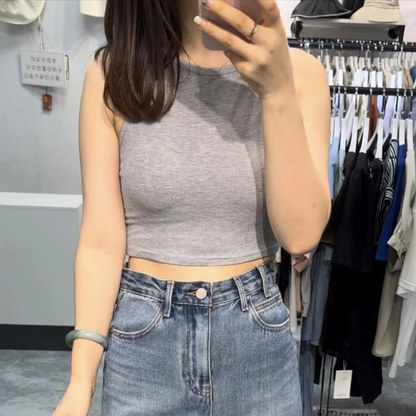 Camiseta sin mangas para mujer, chaleco deportivo informal de punto acanalado liso con hombros descubiertos y cuello redondo, camisola elástica básica