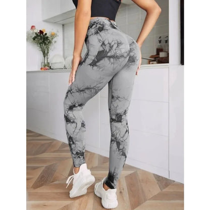 Mallas de cintura alta sin costuras para mujer, mallas teñidas con lazo, pantalones deportivos para Fitness, correr, Yoga, levantamiento de cadera, medias de punto elásticas