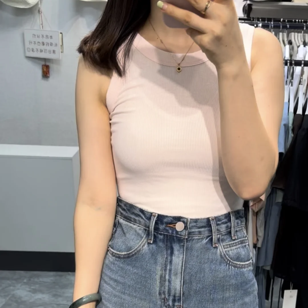 Camiseta sin mangas para mujer, chaleco deportivo informal de punto acanalado liso con hombros descubiertos y cuello redondo, camisola elástica básica