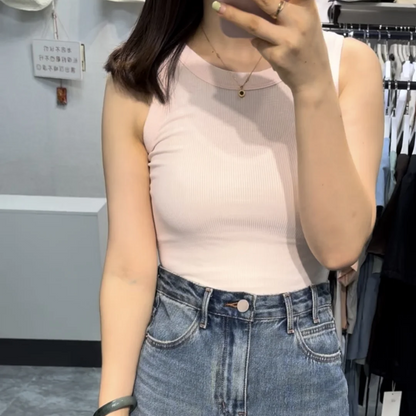 Camiseta sin mangas para mujer, chaleco deportivo informal de punto acanalado liso con hombros descubiertos y cuello redondo, camisola elástica básica