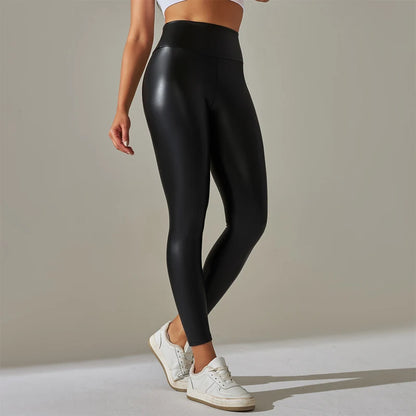 Nuevas mallas de mujer de gran tamaño a la moda, pantalones de cuero PU ajustados y sexis de cintura alta, pantalones de Yoga coloridos para mujer