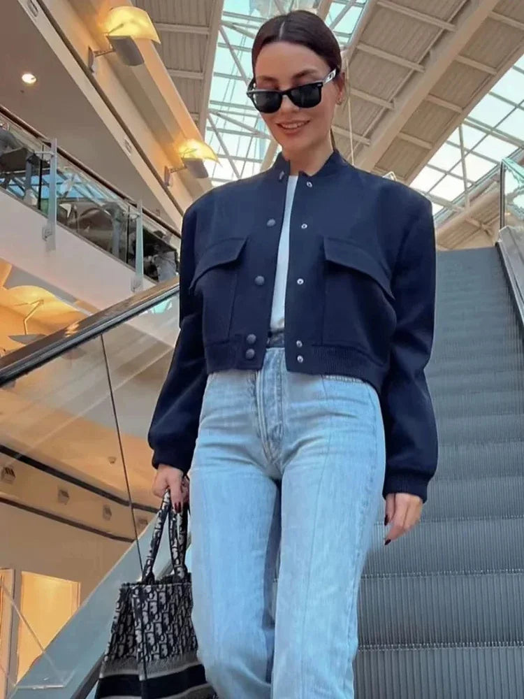 1 Uds. Chaqueta Bomber para mujer, abrigo blanco con botones para otoño e invierno, chaquetas recortadas de aviador de béisbol para mujer, prendas de vestir exteriores cortas de manga larga