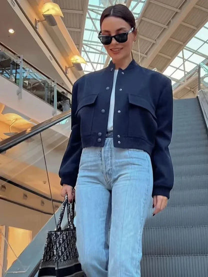 1 Uds. Chaqueta Bomber para mujer, abrigo blanco con botones para otoño e invierno, chaquetas recortadas de aviador de béisbol para mujer, prendas de vestir exteriores cortas de manga larga