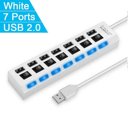 Adaptador expansor USB HUB 2,0 de alta velocidad, 4/7 puertos, divisor Multi USB, extensor múltiple con interruptor de lámpara LED para PC y portátil