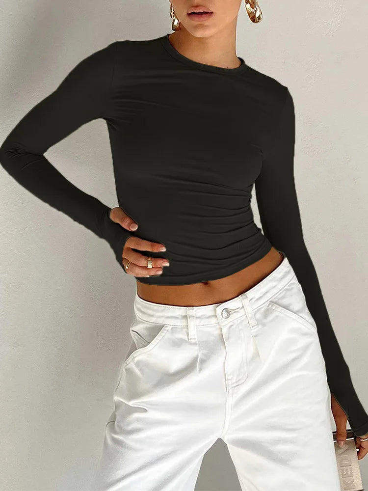 Camiseta de moda para mujer, Top corto ajustado liso con cuello redondo y manga larga con agujeros para los pulgares para ropa de calle diaria, camisola de verano