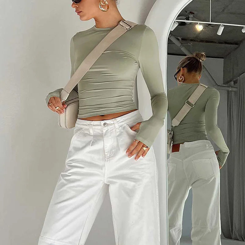 Camiseta de moda para mujer, Top corto ajustado liso con cuello redondo y manga larga con agujeros para los pulgares para ropa de calle diaria, camisola de verano