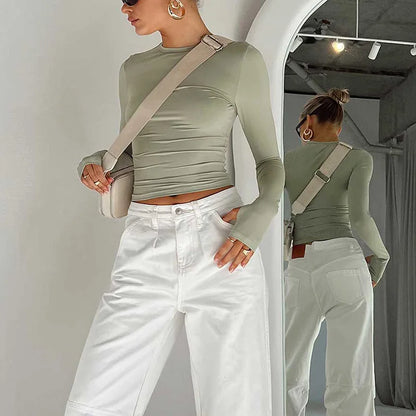 Camiseta de moda para mujer, Top corto ajustado liso con cuello redondo y manga larga con agujeros para los pulgares para ropa de calle diaria, camisola de verano